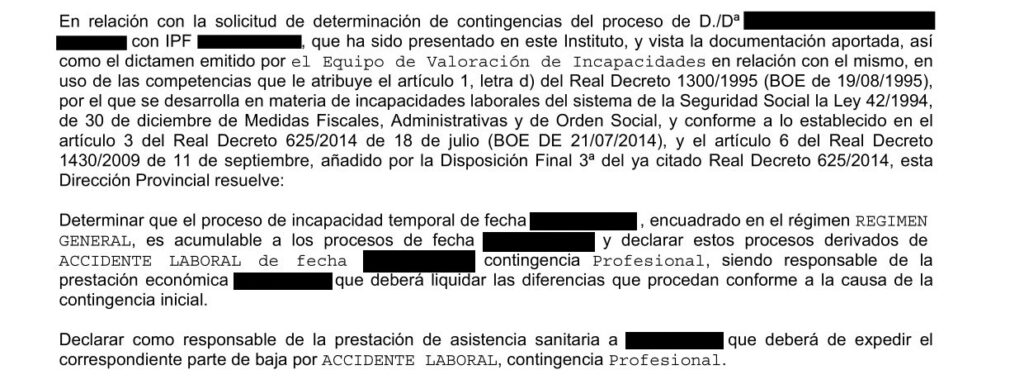 Resolución del INSS de Valencia estimando la solicitud de determinación de contingencias y declarando la baja como accidente laboral