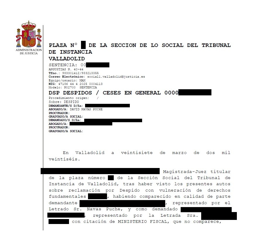Sentencia del Tribunal de Instancia de Valladolid declarando despido nulo por vulneración de la garantía de indemnidad