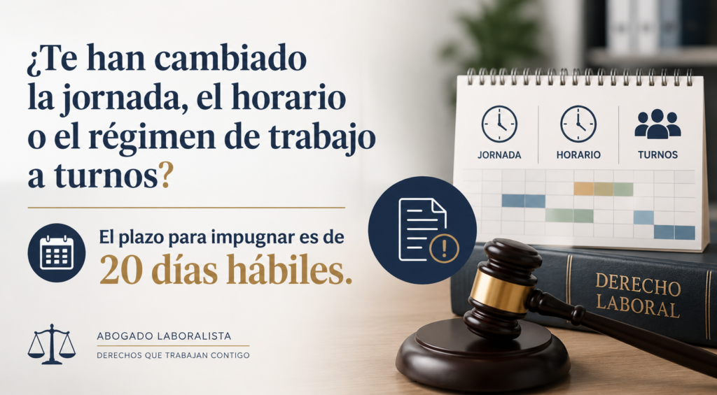 Contrato de trabajo con anotaciones manuscritas junto a un calendario con fecha marcada, sobre mesa de despacho de abogado