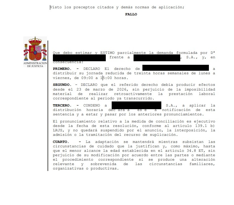 Fallo de la sentencia del Tribunal de Instancia de Murcia reconociendo el derecho a la adaptación de jornada por conciliación familiar en horario fijo