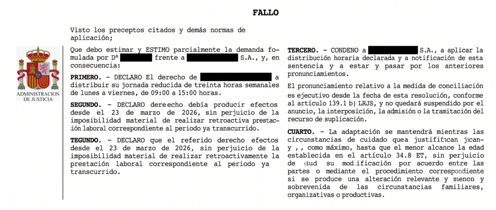 Fallo de la Sentencia del Tribunal de Instancia de Murcia reconociendo la adaptación de jornada con horario fijo de 09:00 a 15:00 horas por conciliación familiar