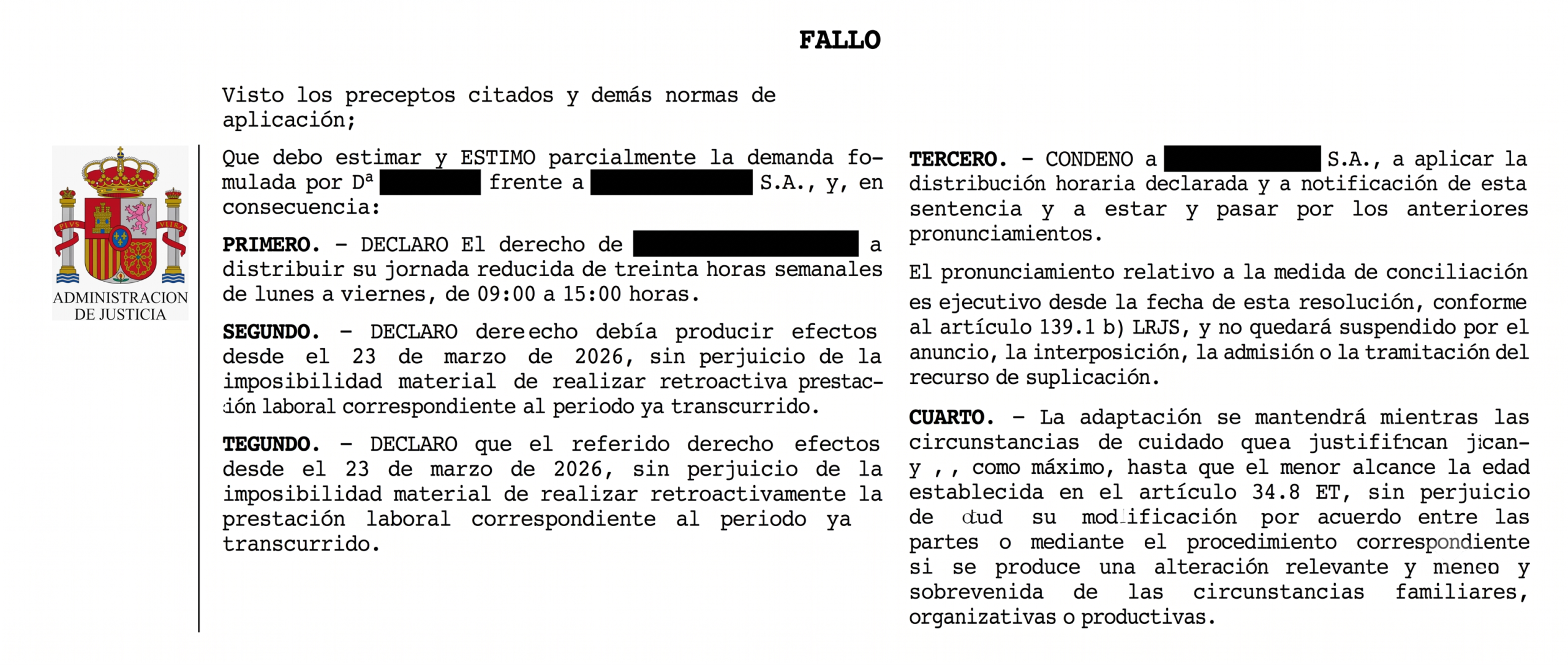 Fallo de la Sentencia del Tribunal de Instancia de Murcia reconociendo la adaptación de jornada con horario fijo de 09:00 a 15:00 horas por conciliación familiar