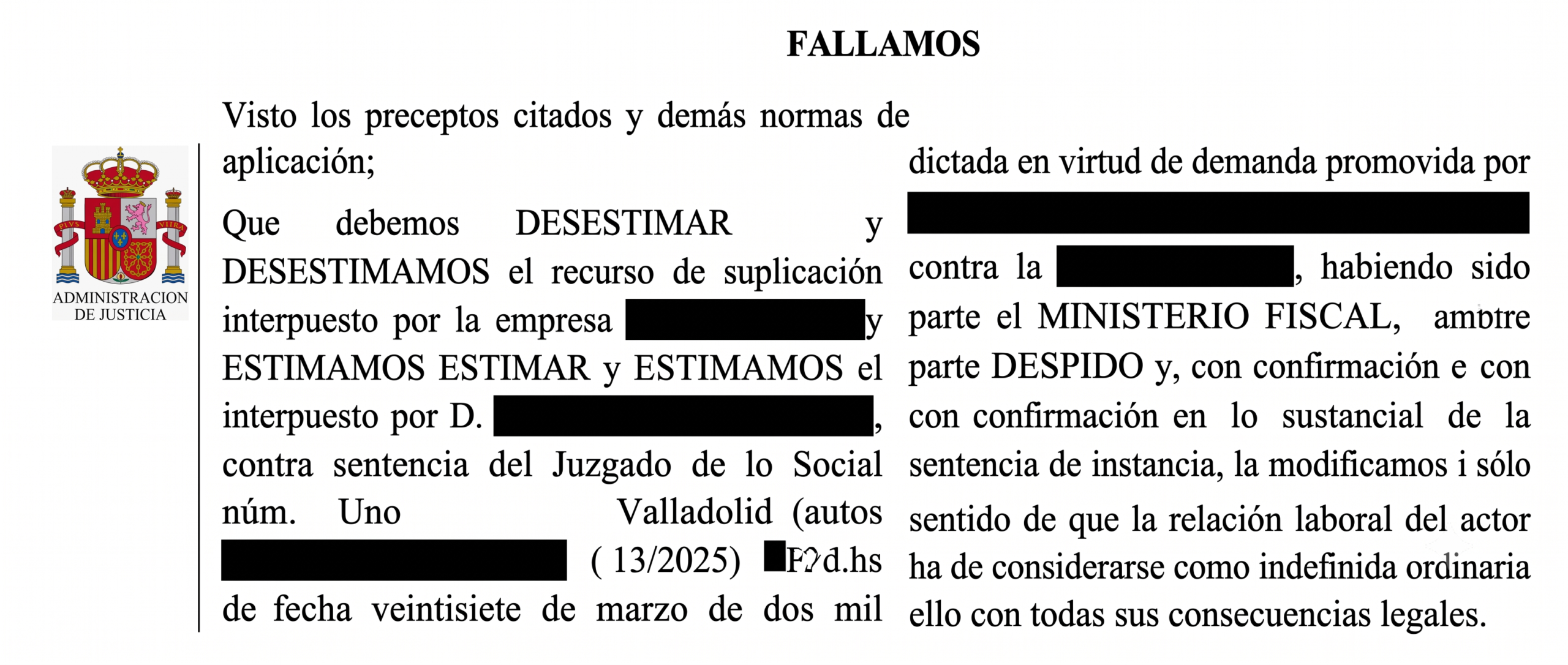Fallo de la sentencia del Tribunal Superior de Justicia declarando indefinida la relación laboral por defectos en el contrato de interinidad